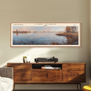 Lake Icaria Iowa Framed Canvas Print, Lake House Decor, Panoramic Wall Art, Travel Poster, Beautiful Lake Painting, Nature Art