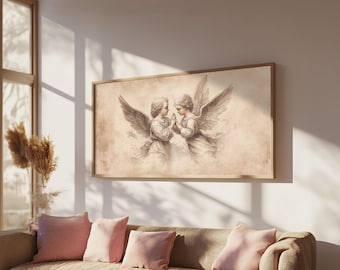 Guardian Angel Wall Art, Angel Painting Canvas Print, Angel Sketch, Angelic Home Decor, Christian Art, Christianity Home Decor