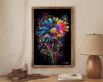 Neon Graffiti Flowers, Framed Canvas Print, Original Painting
