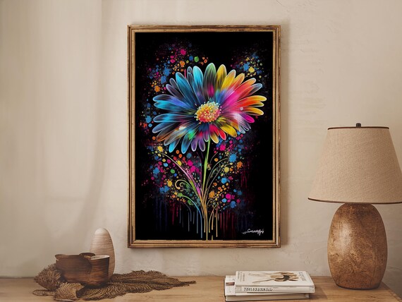 Neon Graffiti Flowers, Framed Canvas Print, Original Painting
