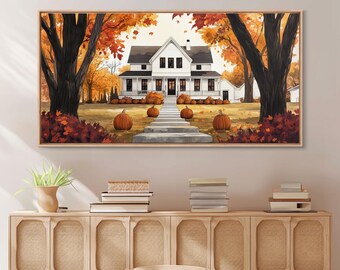 Fall farmhouse pumpkin decor, autumn country home art, rustic fall wall print seasonal wall decor, framed canvas print, autumn farmhouse art