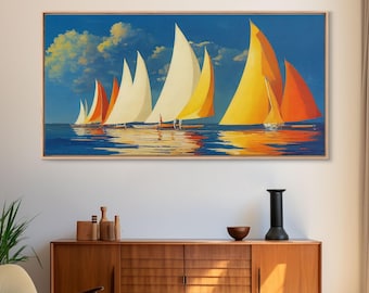 Art Deco Sailboats, Sailing Art, Sailing on the open sea, Wall Decor, Ready To Hang Framed Canvas Print, Oversize Wall Art