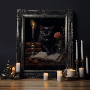 Spooky Black Cat Witch Familiar Print, Vintage Canvas, Art Canvas Print, Dark Academia, Gothic Victorian, Black Cat Art, Witchy Decor