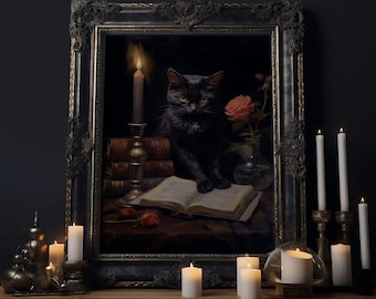Spooky Black Cat Witch Familiar Print, Vintage Canvas, Art Canvas Print, Dark Academia, Gothic Victorian, Black Cat Art, Witchy Decor