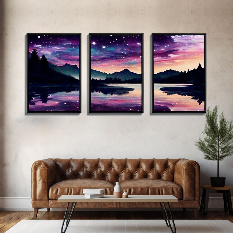 Fantasy Starry Night Magical Forest Landscape, 3 Piece Wall Art, Ready To Hang Canvas Print, Cool Unique Living Room Wall Art Decor image 7
