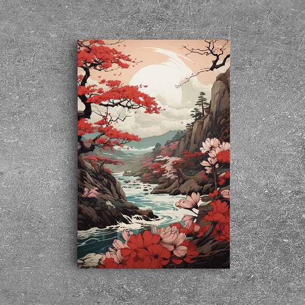 Japanese Wall Art, Japanese Maple Tree, Framed Canvas Print, Japanese Art, Japanese Hanging Wall Art, Red Maples Above A Calm Stream