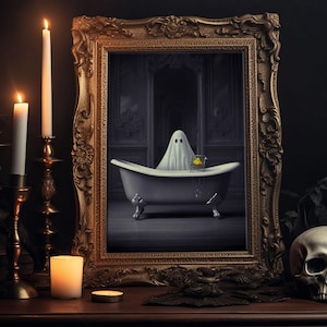 Ghost Bathroom Canvas, Dark Romantic Ghost Standing in Bathroom Creepy,  Ghost in the Bath tub Wall Art Halloween Canvas, Funny Halloween