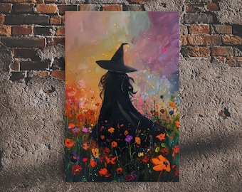 The Witch And The Wildflowers, Cottagecore, Framed Canvas Print, Beautiful and Enchanting Wall Art, Floral Witch, Colorful Decor For Her