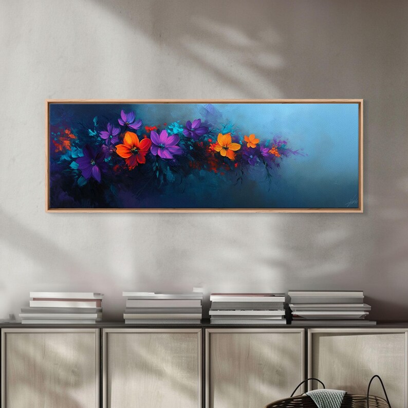 Purple and Orange Flowers on Navy Blue, Panoramic Framed Canvas Art
