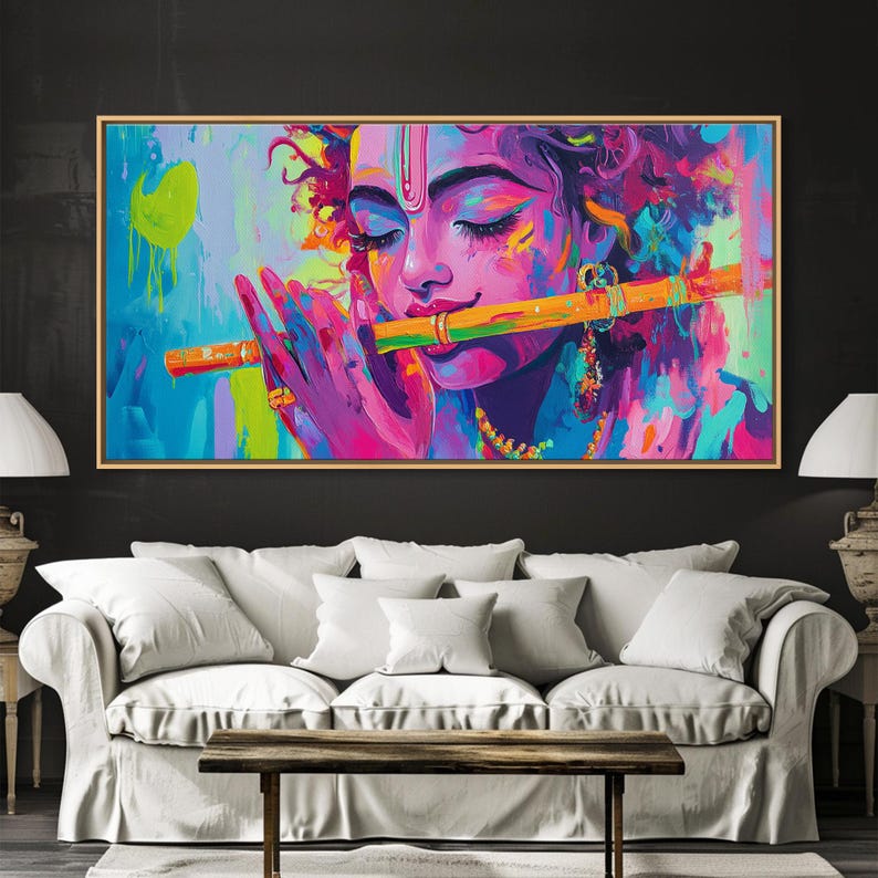 Radha Krishna Painting Print, Hindu Wall Art, Framed Canvas Print, Hinduism Wall Art, Krishna Wall Art, Krishna Playing A Flute afbeelding 19