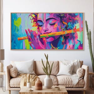 Radha Krishna Painting Print, Hindu Wall Art, Framed Canvas Print, Hinduism Wall Art, Krishna Wall Art, Krishna Playing A Flute afbeelding 2