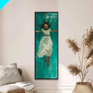 Abstract Modern Canvas Art of Woman Underwater, Ocean Wall Art, Coastal Wall Art Print, Oversized Tall and Narrow Canvas Art