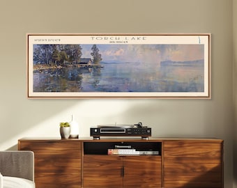 Torch Lake Panoramic Wall Art, Framed Canvas Print, Lake House Decor, Travel Poster, Serene Landscape, Home Decor