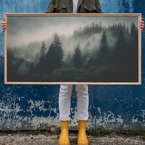 Morning fog over a mountain forest, framed canvas print, foggy pine tree landscape, framed wall art, misty mountain landscape art