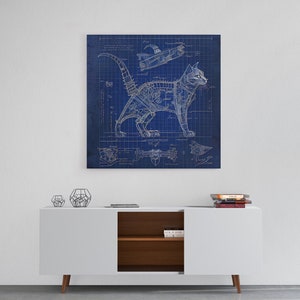 Da Vinci style blueprint Diagram of a steampunk mechanical cat, framed canvas print, wall art decor