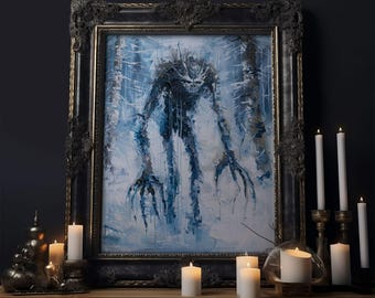 Wendigo in Winter Woods Framed Canvas Print, Eerie Winter Monster Decor, Halloween Creature Art Haunted Forest Wall Art Spooky Monster Print