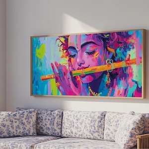Radha Krishna Painting Print, Hindu Wall Art, Framed Canvas Print, Hinduism Wall Art, Krishna Wall Art, Krishna Playing A Flute afbeelding 16