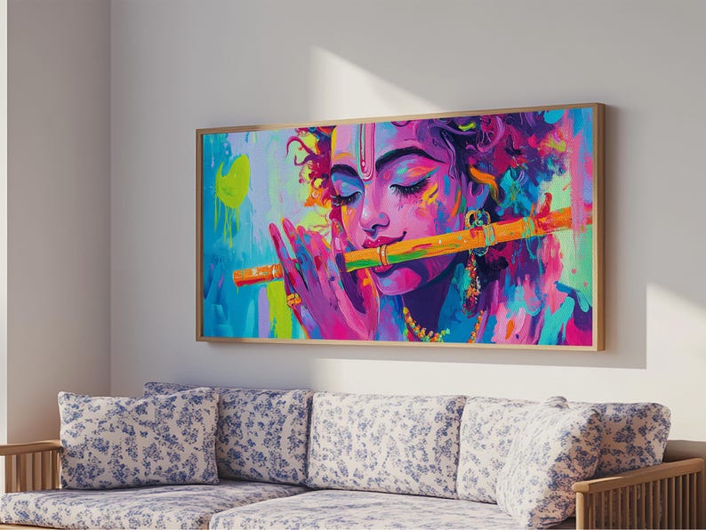Radha Krishna Painting Print, Hindu Wall Art, Framed Canvas Print, Hinduism Wall Art, Krishna Wall Art, Krishna Playing A Flute afbeelding 16