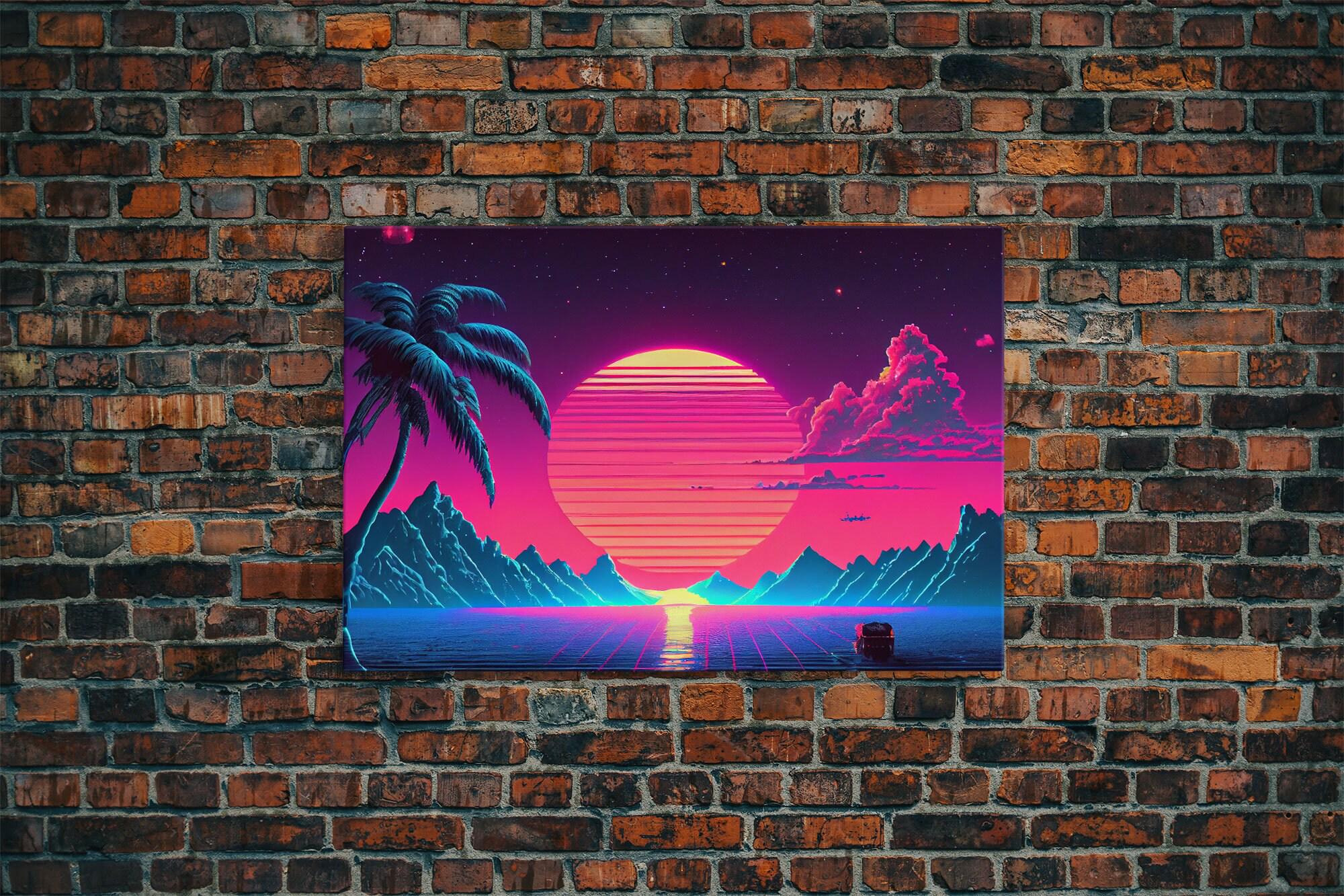 Retro Outrun Style Palm Trees and Sunset, Framed Canvas Print ...
