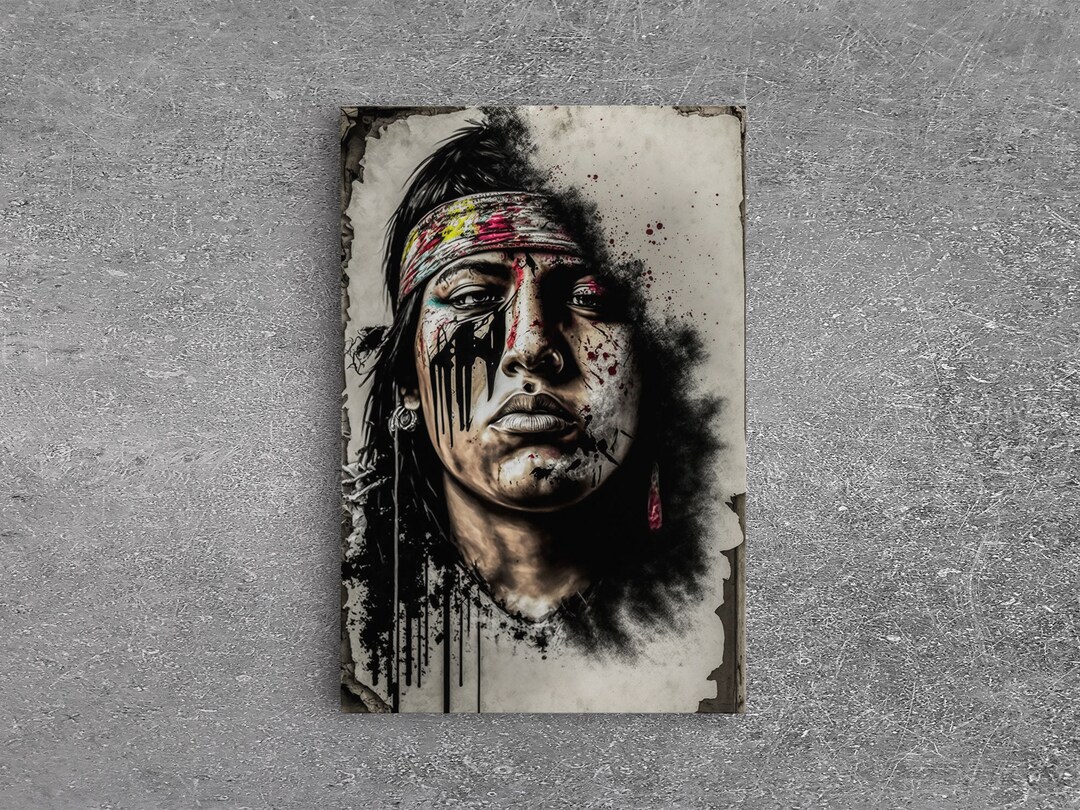 Brutal Graffiti Art, Native American Warriors Portrait, Framed Canvas