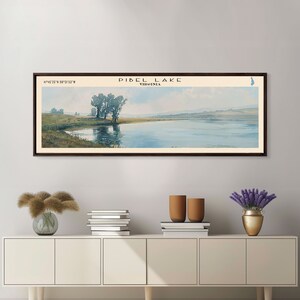 Pibel Lake Nebraska Framed Canvas Print, Lake House Decor, Panoramic Wall Art, Travel Poster, Beautiful Landscape Painting, Modern Art