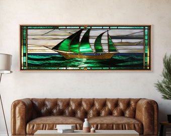 Panoramic Art Deco Sail Boat, Stained Glass, Early 20s Style Art, Roarin' 20s Art, Nautical Theme Framed Canvas Print, Extra Large Art