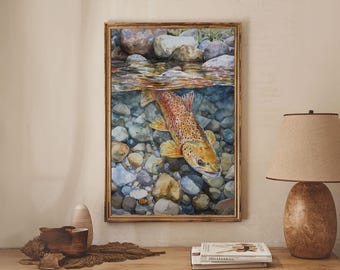 Brown Trout Swimming Framed Canvas Print Fly Fishing Art Rustic Cottagecore Wall Art Cabin Decor Gift Idea Original Art