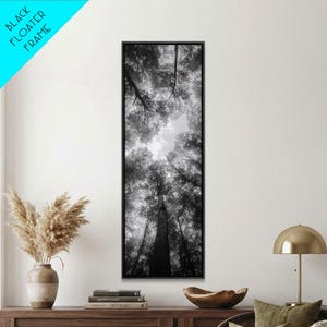 May include: Black and white framed art print of trees reaching towards the sky. The artwork is a vertical rectangle, with a black frame. The text "BLACK FLOATER FRAME" is in a blue box in the upper left corner.