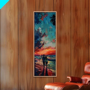 Framed Canvas Oil Painting of Sunset on Beach, Coastal Wall Art Print, Colorful Beach Art, Impasto Painting, Long and Narrow Landscape Art