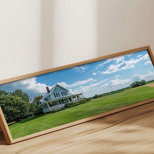 Bright Cottage in Meadow Framed Canvas Print - Cottagecore Wildflower Landscape Art, Rustic Decor, Living Room Wall Art, Bedroom Gift Idea