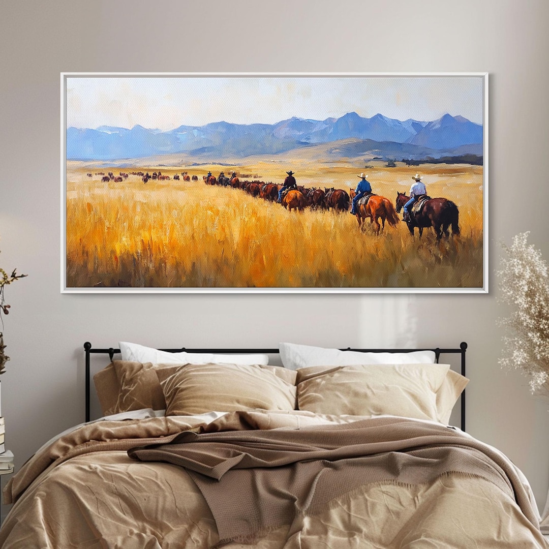 Cowboys Framed Canvas Print Western Country Horse Ride Scenic Art Large ...