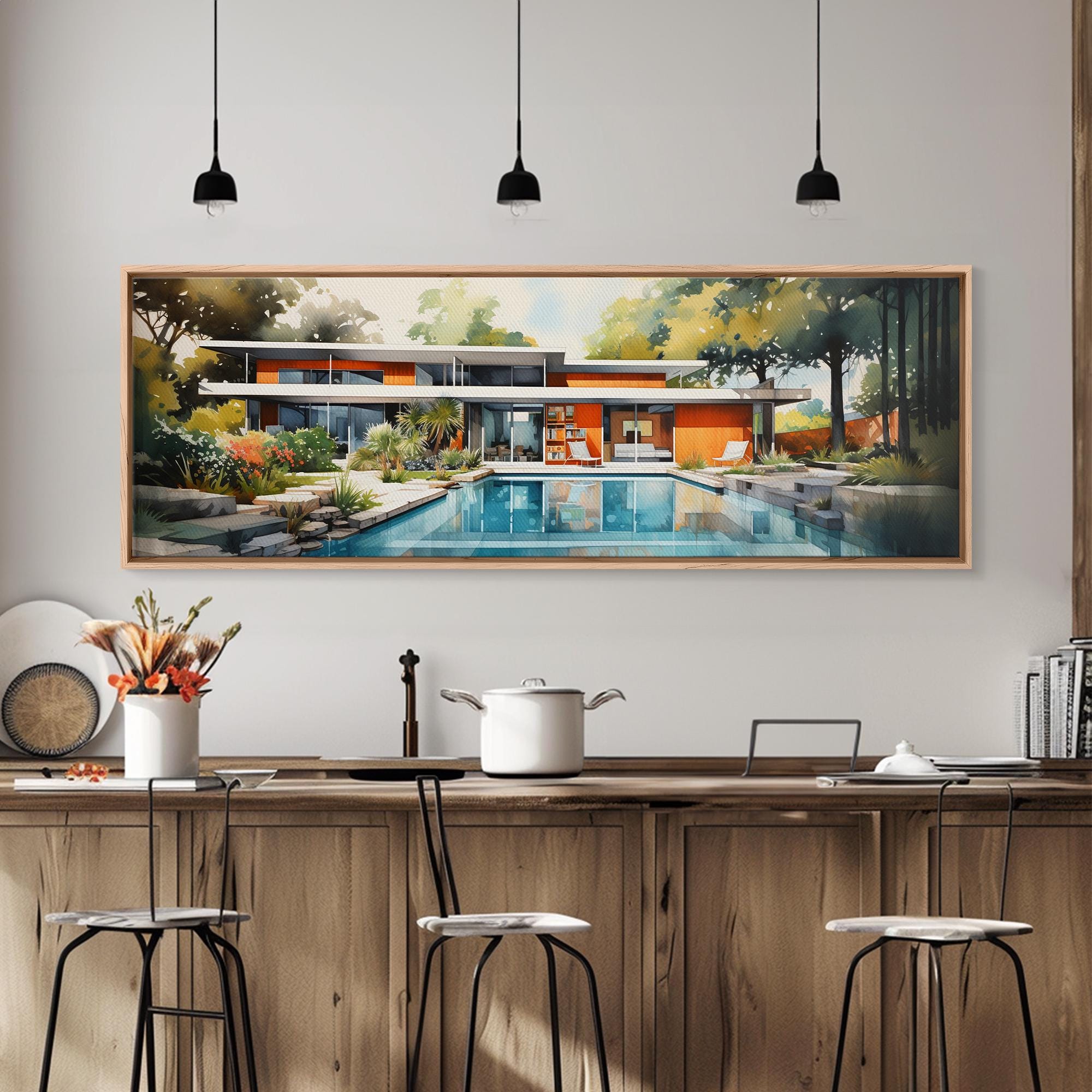 Midcentury Modern Architecture Wall Art, Framed Canvas Print, 50s