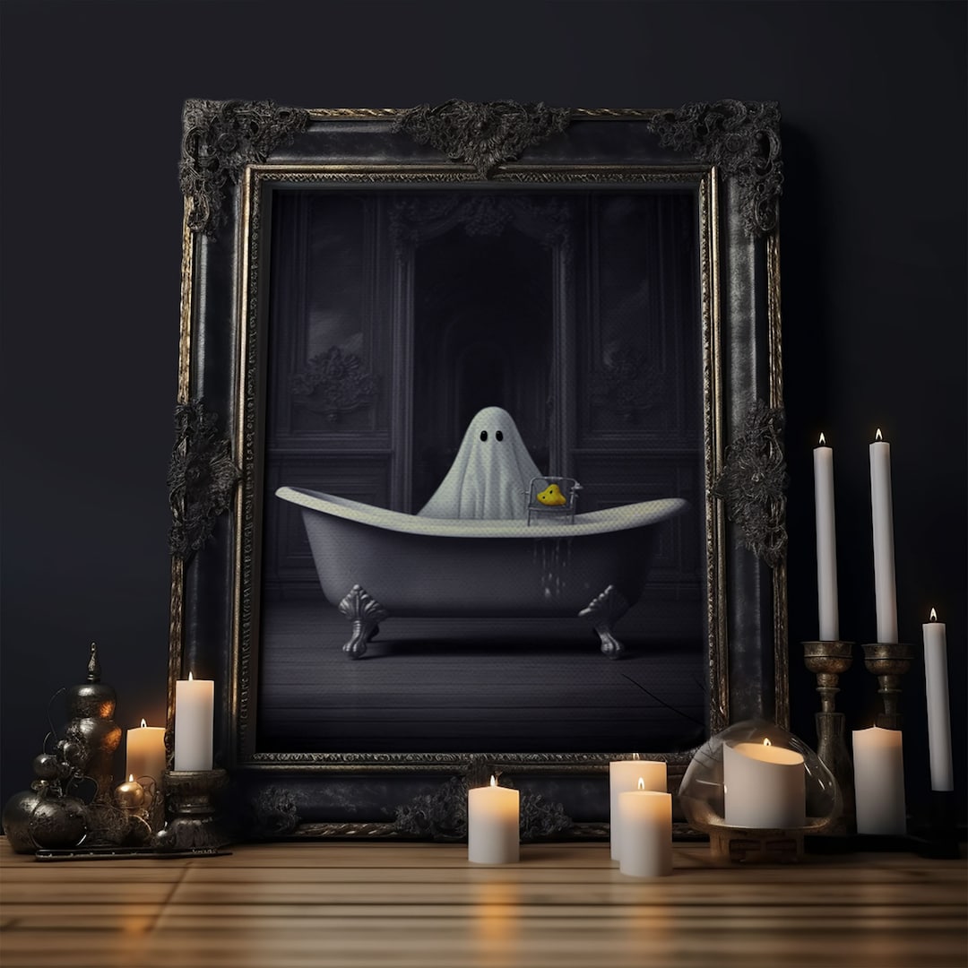Ghost Bathroom Canvas, Dark Romantic Ghost Standing in Bathroom Creepy, Ghost in the Bath Tub