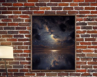 Ocean Reflection Night Sky Stars Galaxy Fine Art Print, Wall Art Print, Wall Poster, Wall Décor