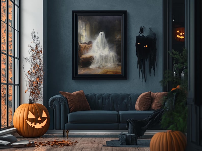 The Ghost Sits On The Sofa, Framed Canvas or Canvas Print, Gothic Victorian Halloween Painting, Cool Halloween Decor image 16