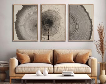 3 Piece Triptych Framed Canvas Wall Art Set, Wood Tree Rings, Abstract Illustration Prints, Modern Art, Neutral Decor, Minimalist Art