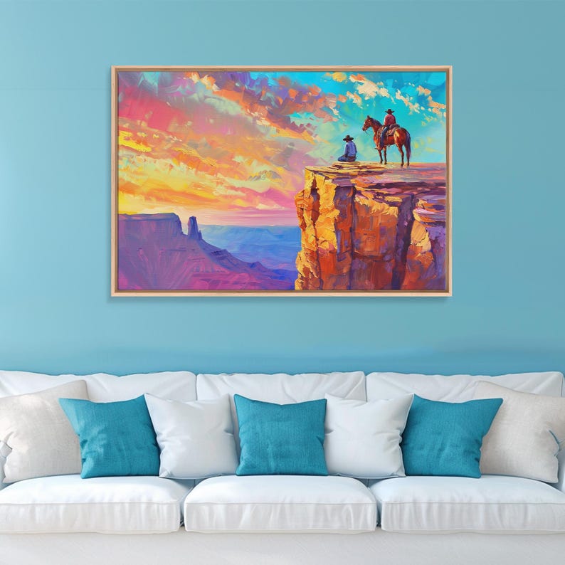 Wild West Art Print, Vintage / Retro Cowboy Wall Art, Framed Canvas or Metal Art, Midcentury Modern Watercolor Painting, Cowboy at Sunset image 18