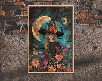 She Walks Amongst The Flowers, Cottagecore, Framed Canvas Print, Beautiful and Enchanting Wall Art, Floral Witch Under A Full Moon