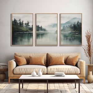 Boho Landscape Triptych Canvas Set - Tropical River Scene Oil Painting Minimalist Decor