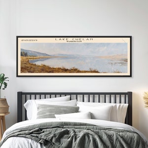 Lake Chelan Washington Framed Canvas Print, Lake House Decor, Panoramic Wall Art, Travel Poster, Stunning Lake Painting, Home Art