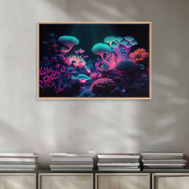 Coral Reef art, synthwave aesthetic ocean art, framed canvas art, framed wall art canvas print image 2