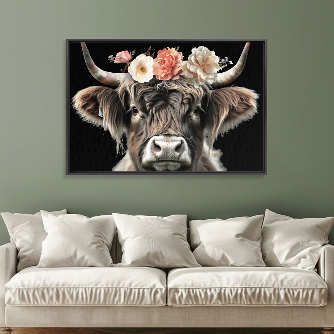 Framed Highland Cow With Flowers Painting Canvas Print Farmhouse Art ...