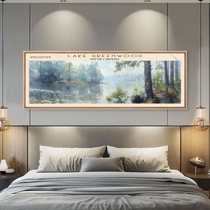 Lake Greenwood South Carolina Framed Canvas Print, Lake House Decor, Panoramic Wall Art, Travel Poster, Landscape Painting, Nature Art