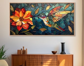 Hummingbird Framed Canvas Print in a Stained Glass Aesthetic Style, Beautiful Hummingbird and Flower, Hummingbird Gift, Mother's Day Gift