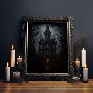 The Haunted House, Framed Canvas Art, Painting Of Haunted Victorian Mansion, Dark Academia, Halloween Decorations, Halloween Art