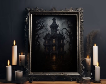 The Haunted House, Framed Canvas Art, Painting Of Haunted Victorian Mansion, Dark Academia, Halloween Decorations, Halloween Art