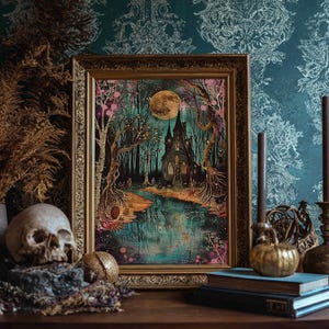 Haunted Castle by the Lake Framed Canvas Print, Halloween Wall Art, Spooky Art, Home Decor, Living Room Decor, Gothic Artwork, Creepy Castle image 20
