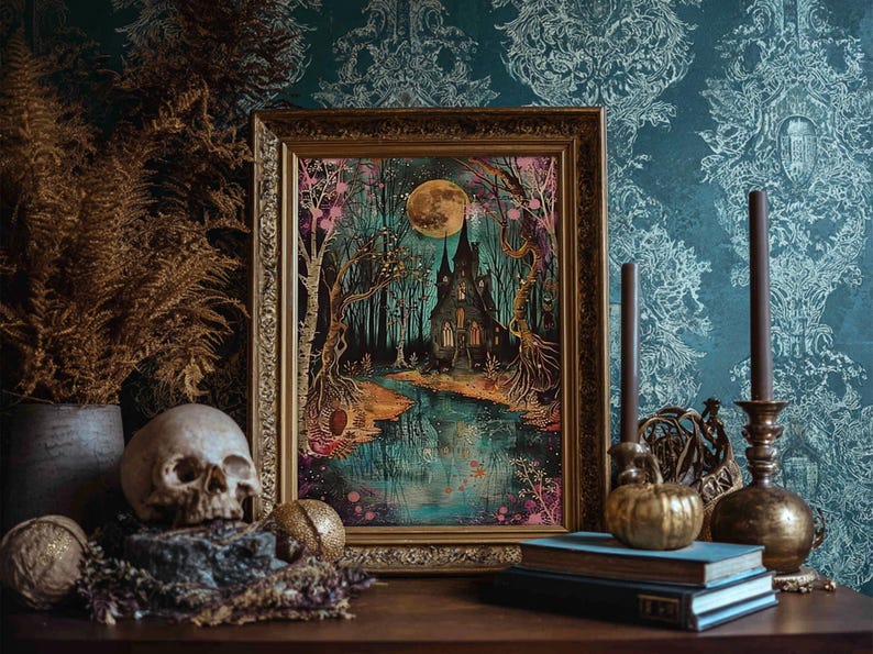 Haunted Castle by the Lake Framed Canvas Print, Halloween Wall Art, Spooky Art, Home Decor, Living Room Decor, Gothic Artwork, Creepy Castle image 20