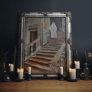 Ghost On Stairs Canvas Print - Halloween Art, Spooky Home Decor, Ghost Wall Art, Haunted House Decor, Halloween Decor, Framed Canvas Print