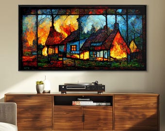 Stained Glass Cottage On Fire, Canvas print, negative art, house on fire depicted in stain glass, cool wall art